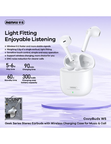 Belaidės ausinės REMAX CozyBuds W5 Bluetooth 5.3 su belaidžio įkrovimo dėklu