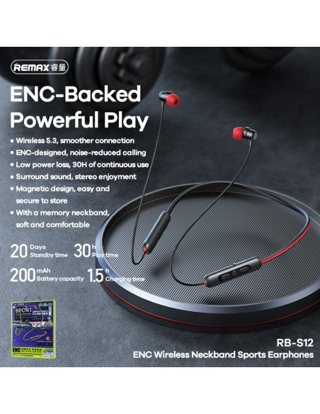 REMAX ENC Wireless Neckband Sports Earphones RB-S12, Black — view 2