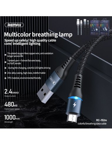 Duomenų kabelis REMAX RC-152m 2.4A USB-A į Micro USB, 1m, su LED apšvietimu — vaizdas 4