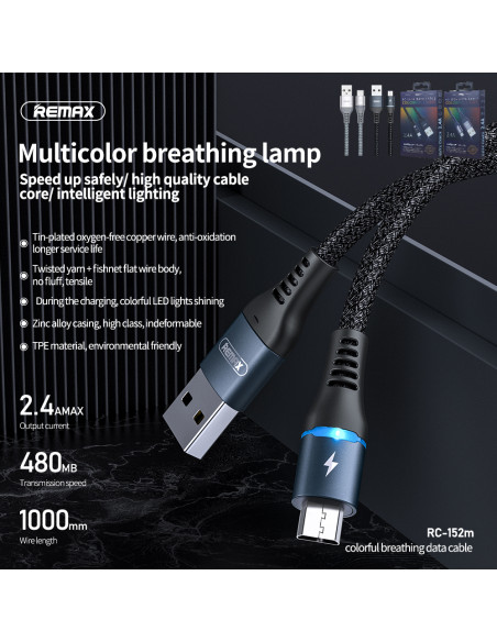 REMAX Colorful Light 2,4A duomenų kabelis RC-152m 1m (USB - Micro)