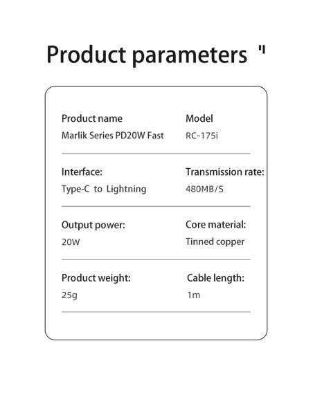 REMAX Fast Charging Cable 20W PD USB-C to Lightning 1m RC-175i