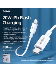 REMAX Fast Charging Cable 20W PD USB-C to Lightning 1m RC-175i 2