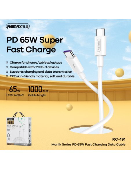 REMAX Fast Charging Cable 65W PD USB-C to USB-C RC-191