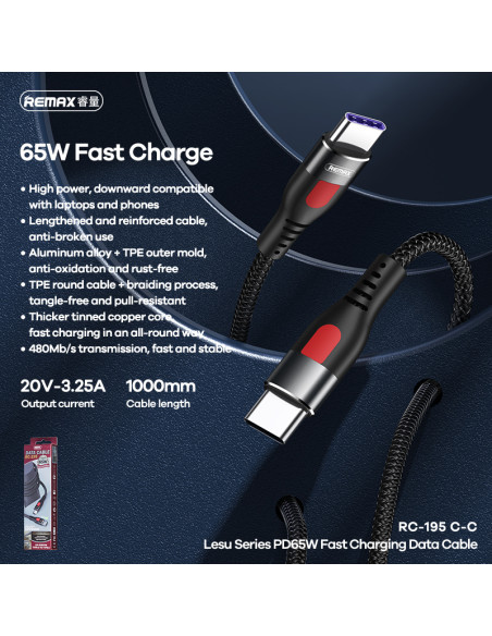 REMAX Lesu serijos PD 65W greito įkrovimo duomenų kabelis RC-195, Type C į Type C