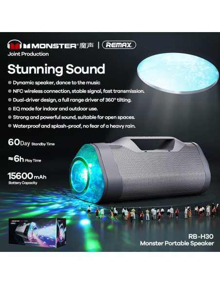 Nešiojamas belaidis garsiakalbis REMAX MONSTER RB-H30 15600mAh su NFC ir LED šviesomis — vaizdas 3