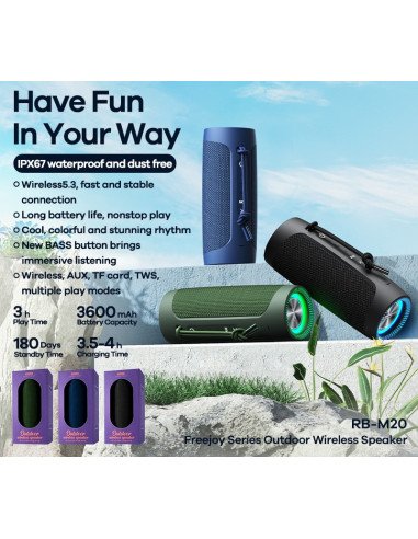 Lauko belaidis garsiakalbis REMAX Freejoy RB-M20 IPX67 Bluetooth 5.3 su Bass Boost — vaizdas 5