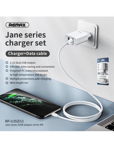 REMAX Wall Charger Set 2.1A 2×USB with Lightning Cable RP-U35, US Plug — view 3
