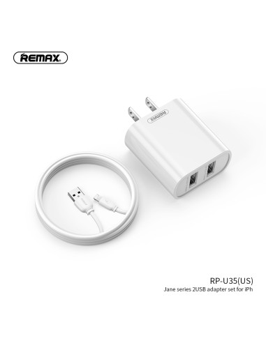 REMAX Jane serijos 2.1A 2USB įkroviklio+laido rinkinys RP-U35 (įkroviklis 2xUSB + laidas USB į Lightning), amer.kištukas