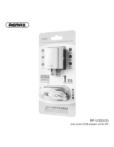 REMAX Jane serijos 2.1A 2USB įkroviklio+laido rinkinys RP-U35 (įkroviklis 2xUSB + laidas USB į Lightning), amer.kištukas