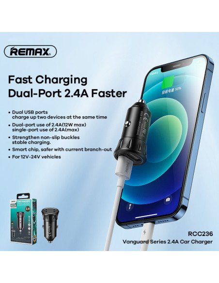 Automobilinio įkroviklio rinkinys REMAX RCC236 2.4A 2×USB su 3-in-1 kabeliu — vaizdas 9