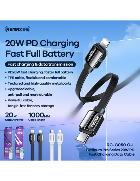 Remax Platinum Pro Series 20W PD Fast Charging Data Cable RC-C050 (Type C - iPhone)