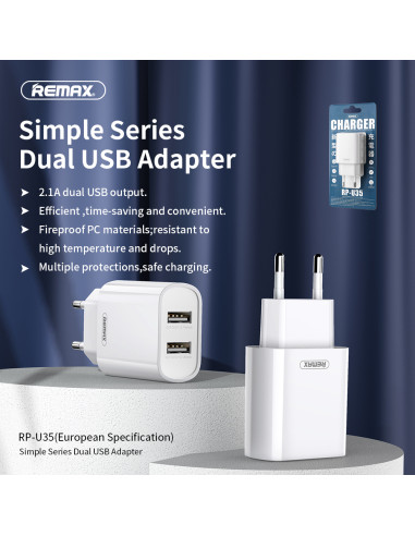 USB įkroviklis Remax P-U35, 2xUSB kroviklis, 2.1A