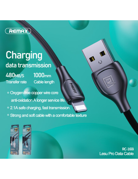REMAX Lesu Pro serijos 2.1A duomenų perdavimo kabelis RC-160i  (USB- iPhone)