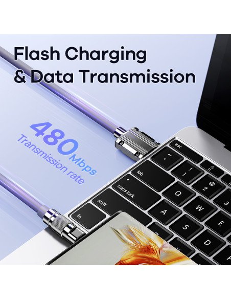 Greito įkrovimo kabelis REMAX RC-C052 66W cinko lydinio su apšvietimu USB-A į USB-C