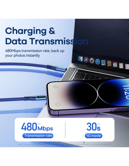 REMAX Zisee serijos 20W elastinis duomenų perdavimo kabelis su skaitmeniniu ekranu RC-C031 (Type C - iPhone)