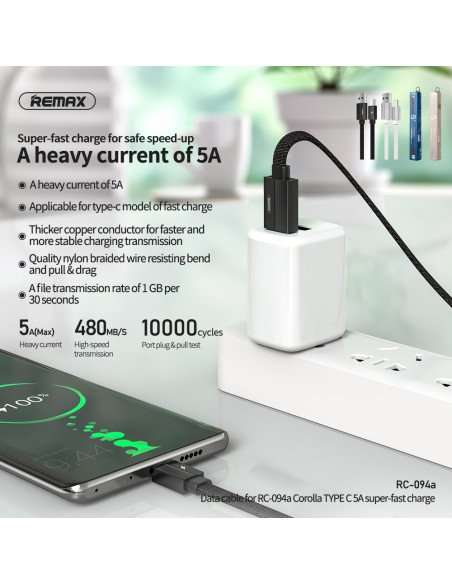 Duomenų kabelis REMAX RC-094a 2A USB-A į USB-C, 1m