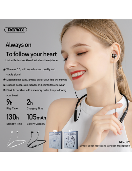 REMAX Linton serijos belaidės ausinės su atminties juosta ant kaklo RB-S29