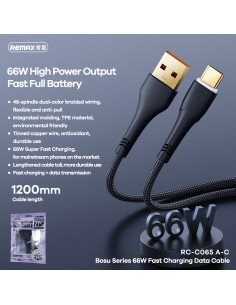 Greito įkrovimo kabelis REMAX RC-C065 66W USB-A į USB-C, 1.2m, juodas 2