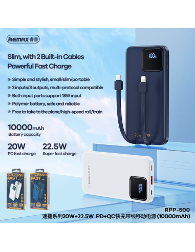 Išorinė baterija (Powerbank) REMAX RPP-500 10000mAh su įmontuotais Type-C ir Lightning kabeliais, juoda — vaizdas 8