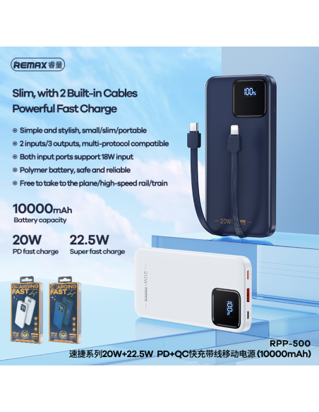 Išorinė baterija (Powerbank) REMAX RPP-500 10000mAh su įmontuotais Type-C ir Lightning kabeliais, juoda — vaizdas 8