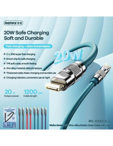 Greito įkrovimo kabelis REMAX RC-C053 20W PD cinko lydinio su apšvietimu USB-C į Lightning
