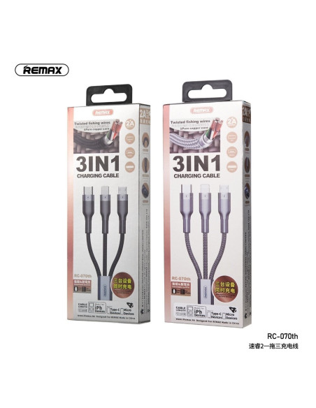 REMAX Sury 2 serijos 3-in-1 3A įkrovimo kabelis RC-070th (USB į Type C, iPhone, Micro)