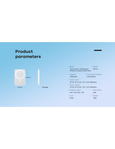 REMAX RPP-65 magnetinė išorinė baterija - powerbank 20W, 10000 mAh, tamsiai mėlyna