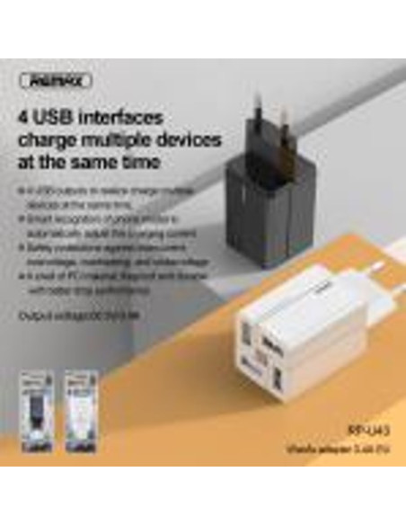 REMAX DC5V/3.4A greitasis įkroviklis RP-U43 (4xUSB), baltas