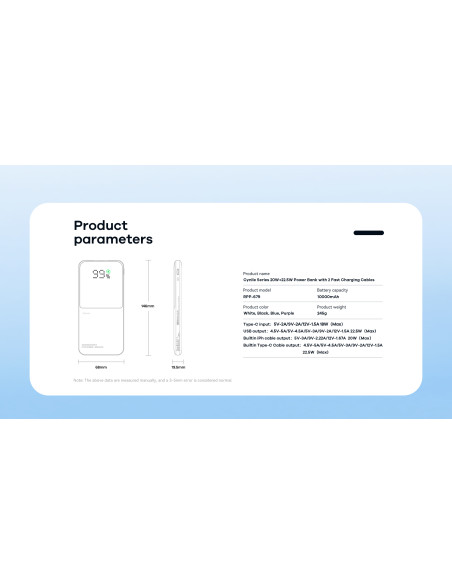 REMAX RPP-679 greito įkrovimo išorinė baterija - powerbank su 2 integ.kabeliais 10000mAh, juoda