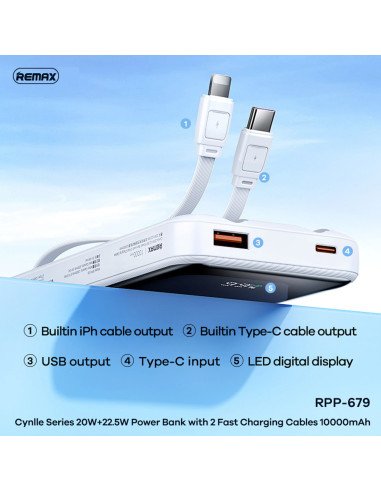 Greito įkrovimo išorinė baterija (Powerbank) REMAX RPP-679 10000mAh su 2 įmontuotais kabeliais, juoda — vaizdas 8