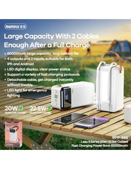 Išorinė baterija (Powerbank) REMAX RPP-565 60000mAh su įmontuotais kabeliais ir LED šviestuvu, balta — vaizdas 3