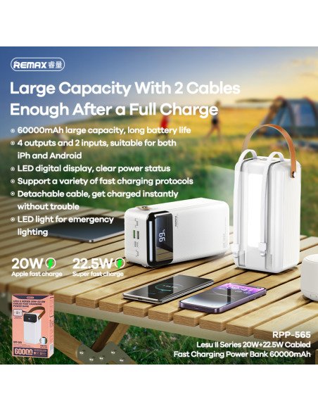 REMAX Power Bank 60000mAh with Built-in Cables and LED Light RPP-565, Grey — view 6