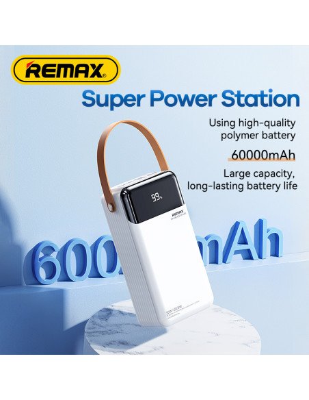 Išorinė baterija (Powerbank) REMAX RPP-565 60000mAh su įmontuotais kabeliais ir LED šviestuvu, pilka — vaizdas 8