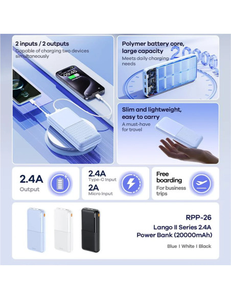 REMAX RPP-26 išorinė baterija - powerbank 20000mAh, šviesiai mėlyna