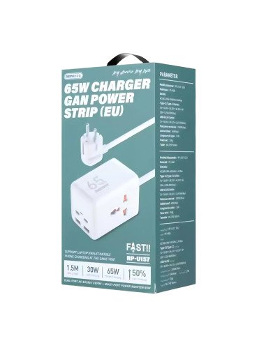 REMAX Charging Strip 65W with 2×USB-C + 2×USB and EU/US/UK Adapter RP-U157 — view 3