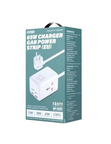 Įkrovimo ilgintuvas REMAX RP-U157 65W su 2×USB-C + 2×USB ir EU/US/UK adapteriu — vaizdas 3
