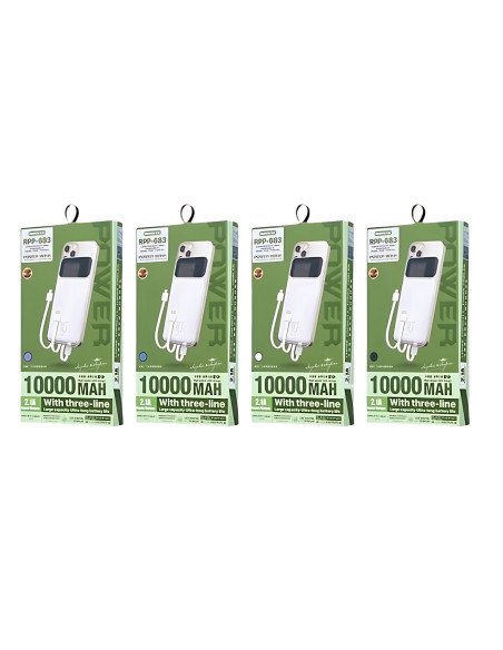 Išorinė baterija (Powerbank) REMAX RPP-683 10000mAh 2.1A su įmontuotu kabeliu ir ekranu, juoda — vaizdas 4