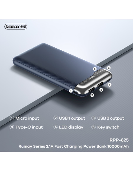 REMAX RPP-625 išorinė baterija - Powerbank 10000mAh, Pilka
