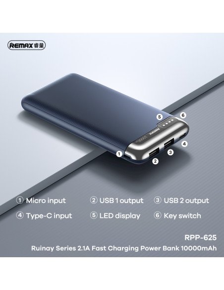 Išorinė baterija (Powerbank) REMAX RPP-625 10000mAh 2.1A 2×USB, pilka — vaizdas 2