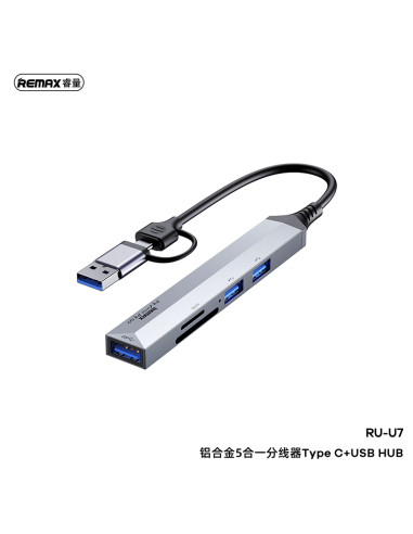 USB stotelė REMAX RU-U7, USB/Type-C į SD/TF, 3xUSB