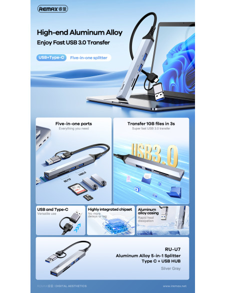 USB stotelė REMAX RU-U7, USB/Type-C į SD/TF, 3xUSB