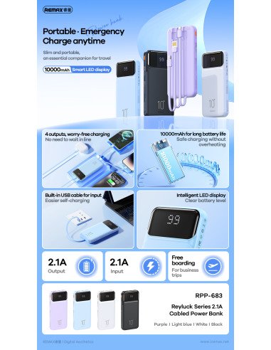 Išorinė baterija (Powerbank) REMAX RPP-683 10000mAh 2.1A su įmontuotu kabeliu ir ekranu, juoda — vaizdas 5