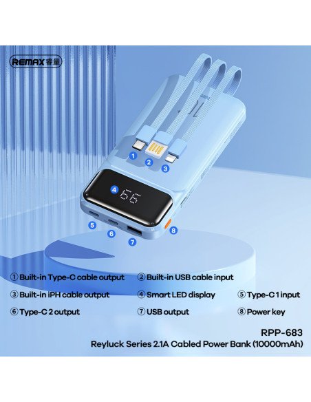 REMAX Power Bank 10000mAh 2.1A with Built-in Cable and Display RPP-683, Black — view 3
