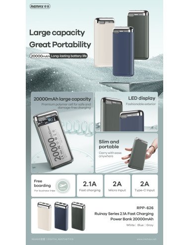 Išorinė baterija (Powerbank) REMAX RPP-626 20000mAh 2.1A su 2× USB, tamsiai mėlyna — vaizdas 3