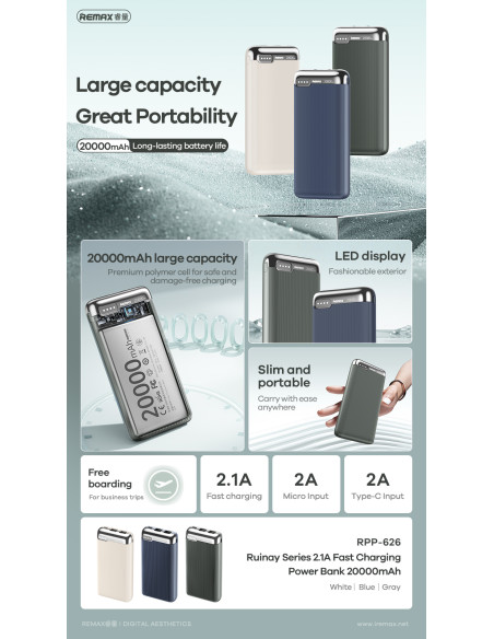 REMAX RPP-626 išorinė baterija - powerbank 20000 mAh, tamsiai mėlyna