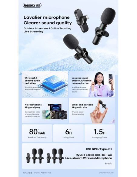 REMAX K10 One-to-Two Live Stream Wireless Microphones (Iphone), Black
