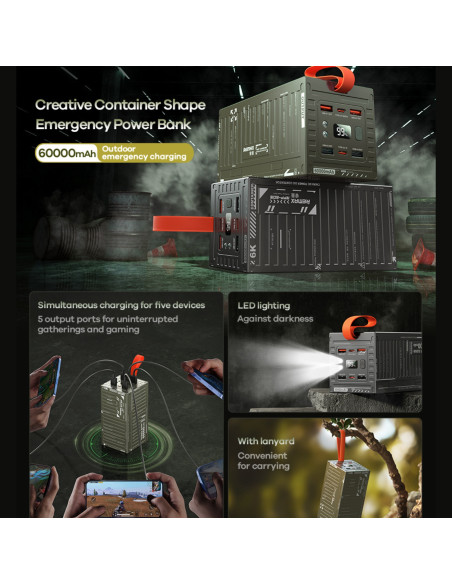 REMAX RPP-609 išorinė baterija - powerbank laukui su lempa 60000mAh, žalia