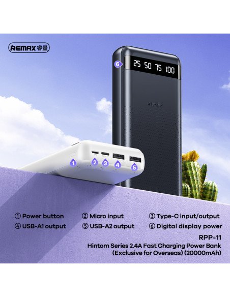 Išorinė baterija (Powerbank) REMAX RPP-11 20000mAh 2.4A USB ir USB-C, juoda — vaizdas 2