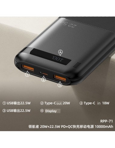 Greito įkrovimo išorinė baterija (Powerbank) REMAX RPP-71 10000mAh 22.5W QC + 20W PD, juoda — vaizdas 3