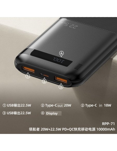 Greito įkrovimo išorinė baterija (Powerbank) REMAX RPP-71 10000mAh 22.5W QC + 20W PD, juoda — vaizdas 3